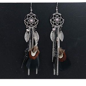 Feather earrings boho silver with brown black